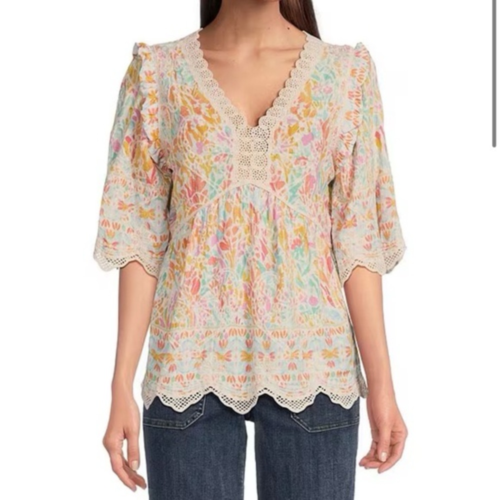 Democracy Floral scalloped Trim Women's Top Coral/Aqua 3X New‎ With Tags